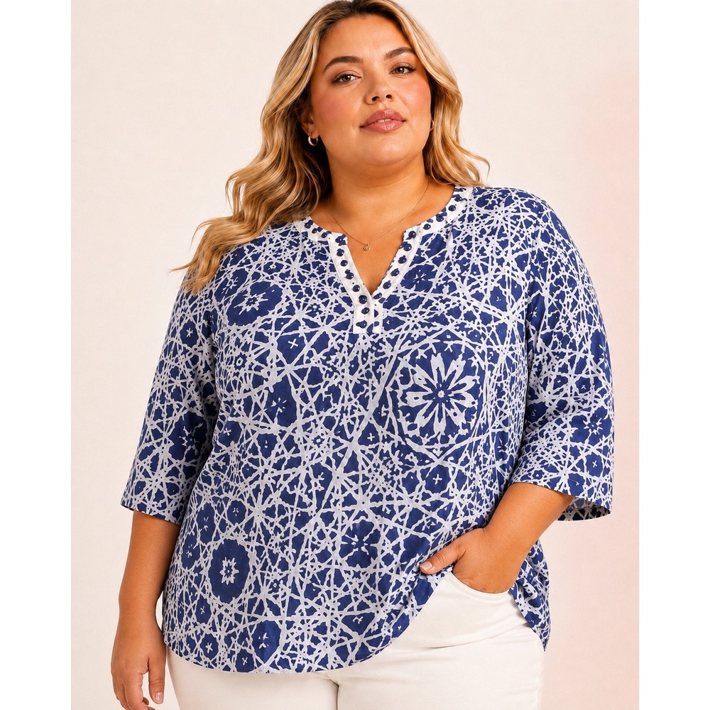 Mandarin Blue‎ Tunic Top Women 3X Blue White Excellent Beaded Cotton Geometric